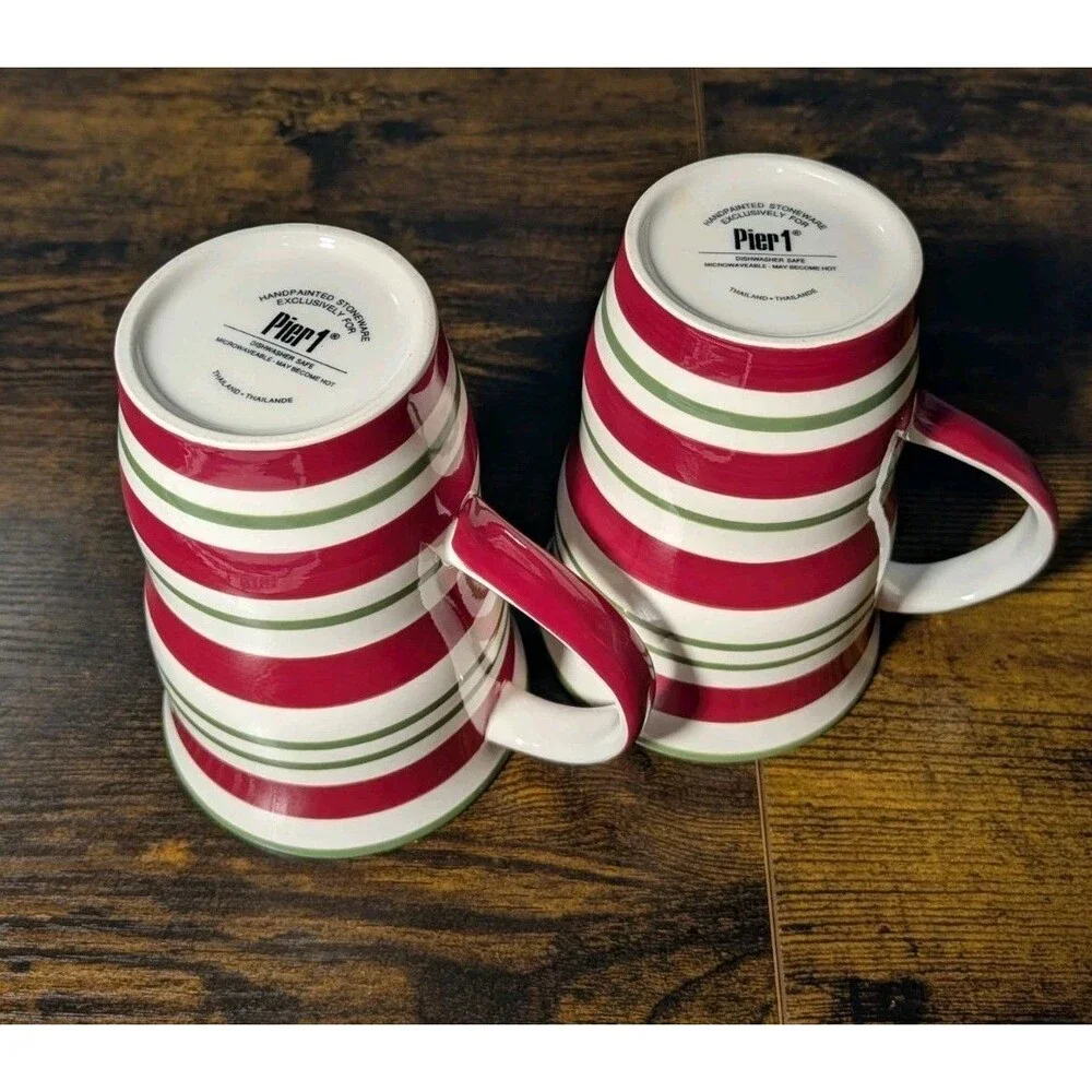 2 Pier 1  Striped Candy Cane Tapered Latte Coffee Mugs Tea Cups Red Green White